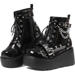 Women Polyurethane Blackpatent Wedge Round Toe Buckle Leather Platform Boots
